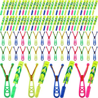 Cagemoga 104 Pcs Flying Slingshot Toy with Led Lights and Whistle 52Pcs Led Arrow Helicopter and 52Pcs Launchers for Summer Outdoor Game Birthdays Gifts Glow in The Dark Party Supplies