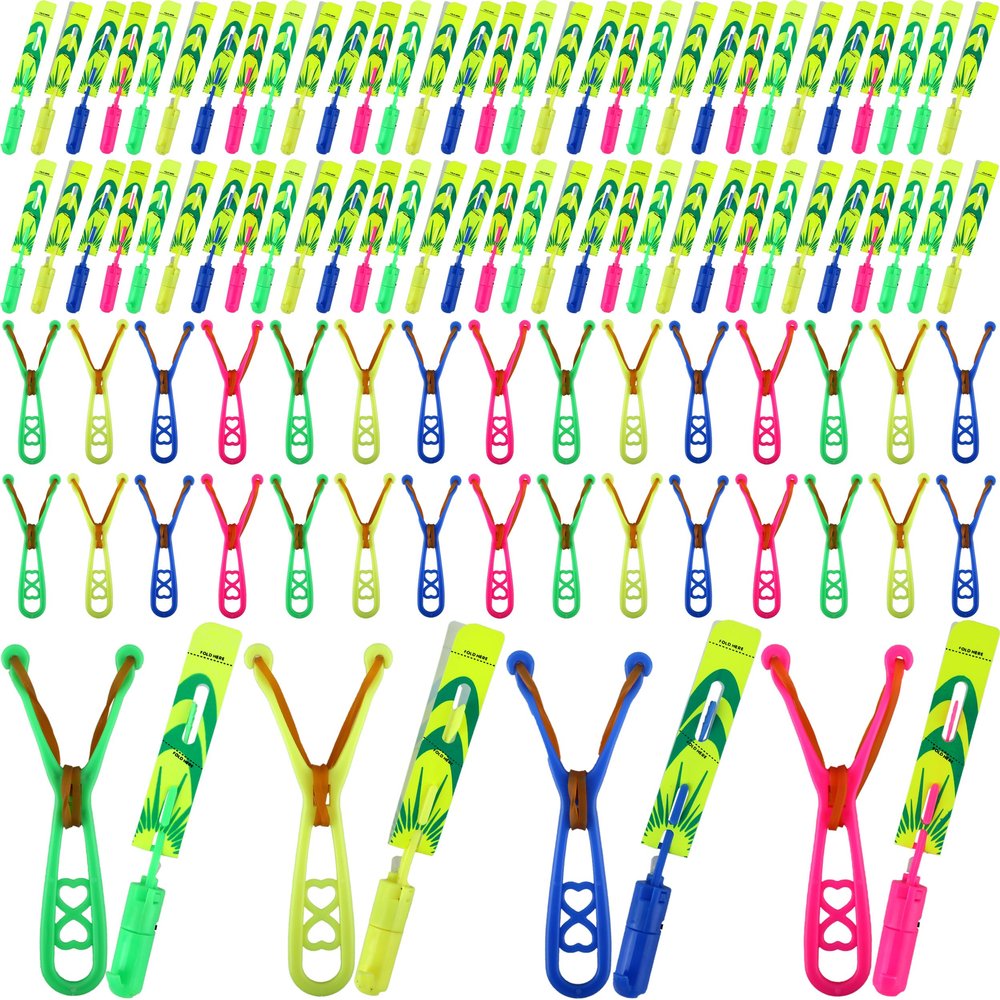 Cagemoga 104 Pcs Flying Slingshot Toy with Led Lights and Whistle 52Pcs Led Arrow Helicopter and 52Pcs Launchers for Summer Outdoor Game Birthdays Gifts Glow in The Dark Party Supplies