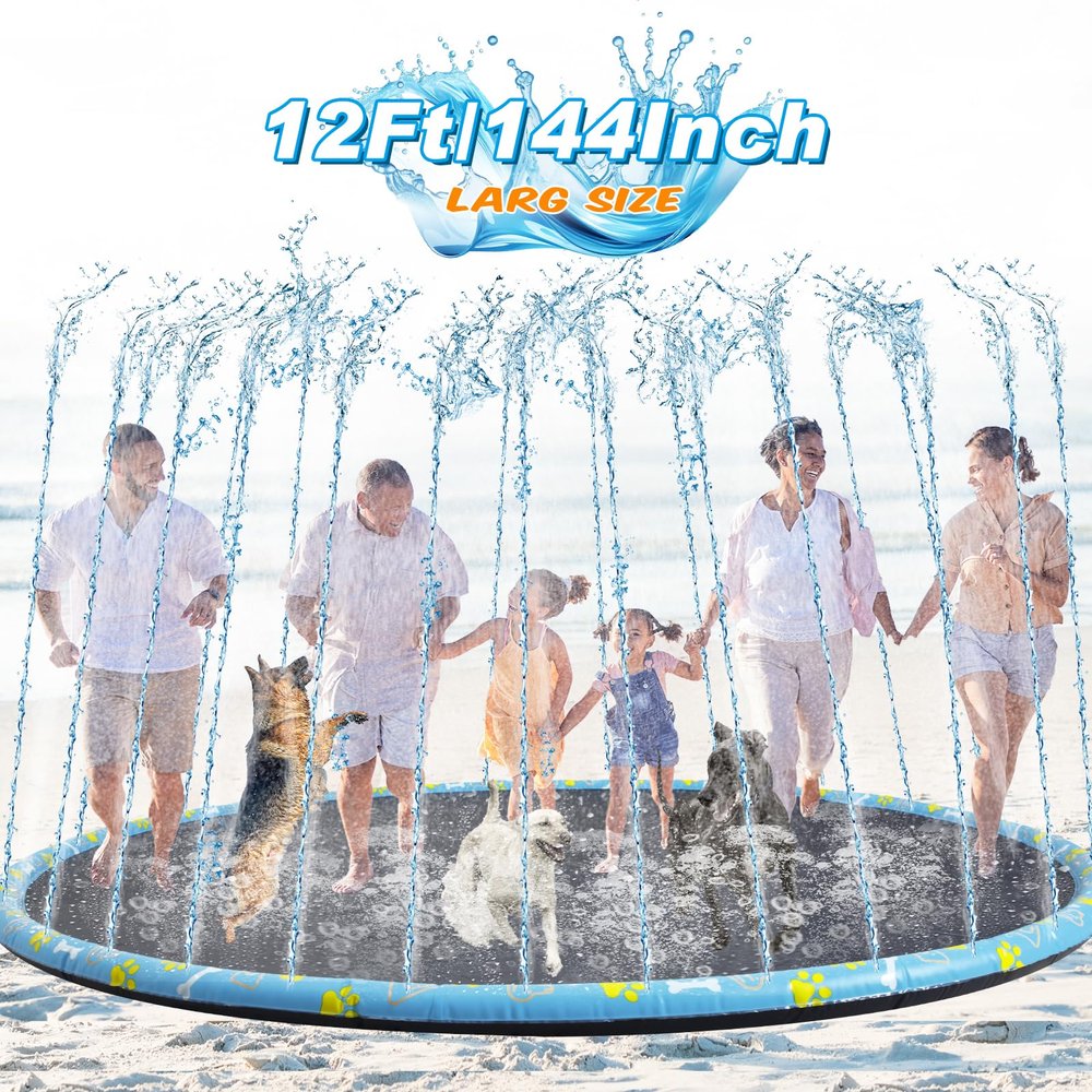Lewtemi 12 ft Extra Large Non Slip Splash Pad 144" for Adult and Dog Giant Thicken Sprinkler Pool Summer Outdoor Fun Backyard Fountain Mat for Pet Dog(Lovely Style)