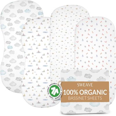 100% Organic Cotton Bassinet Sheets (4 Pack)  Ideal for Uppababy Bassinet Mattress  GOTS Certified  360 Double Elastic Fitted Sheets  Percale Weave Sheets Soften with Each Wash (33"x15")