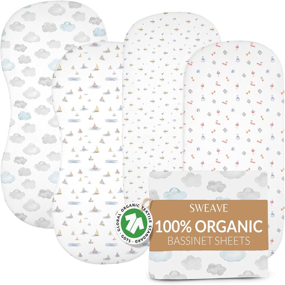 100% Organic Cotton Bassinet Sheets (4 Pack)  Ideal for Uppababy Bassinet Mattress  GOTS Certified  360 Double Elastic Fitted Sheets  Percale Weave Sheets Soften with Each Wash (33"x15")