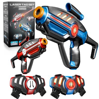 ArmoGear Laser Tag Set for Kids, Teens & Adults - 2 Blasters + 2 Vest Sensors with 4 Multi-Game Modes - Lazer Tag Set - Age 8+ Year Old Toys - Includes Accessories - Boys & Girls Outdoor Activities