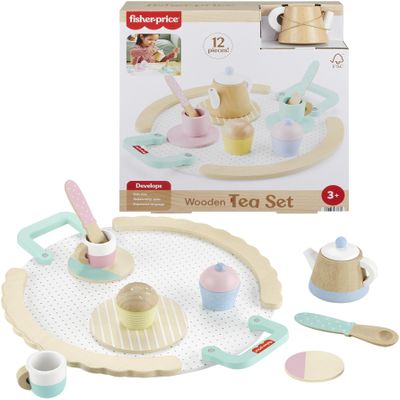 Fisher-Price Wood Pretend Play Toy Tea Set, 12-Piece Wooden Playset with Teapot, Cups & Saucers for Preschool Kids Ages 3+ Years