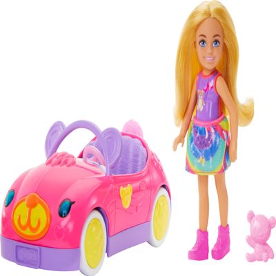 Barbie Chelsea Toy Car Set with Bear-Themed Convertible & Teddy Bear Accessory, Blonde Small Doll Wears Removable Skirt & Shoes