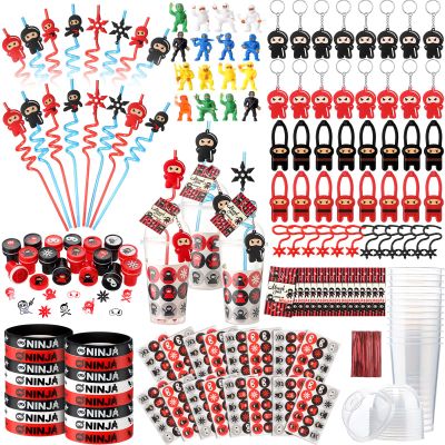 Gemscream 161 Pcs Ninja Party Favors Include Cups with Lids Straws Ninja Figurines Stretchy Flying Stars Slingshots Keychains Silicone Wristbands Stickers Stamp Thank You Tag for Birthday Party
