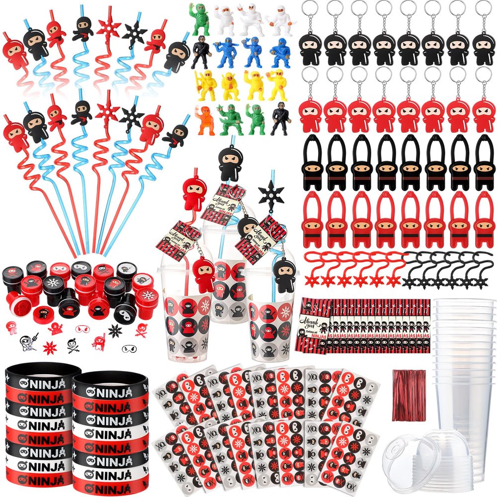 Gemscream 161 Pcs Ninja Party Favors Include Cups with Lids Straws Ninja Figurines Stretchy Flying Stars Slingshots Keychains Silicone Wristbands Stickers Stamp Thank You Tag for Birthday Party