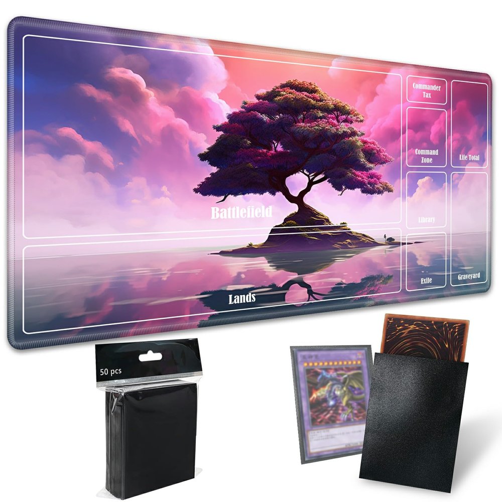 Board Game Mat TCG Playmat Plus 50 Pcs Card Sleeves, 24 x 14 inches Table Mats Games Mousepad with Zones Smooth Surface for MTG RPG CCG Trading Card Game Play Mats, Tree Reflection
