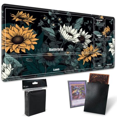 Board Game Mat TCG Playmat Plus 50 Pcs Card Sleeves, 24 x 14 inches Table Mats Games Mousepad with Zones Smooth Surface for MTG RPG CCG Trading Card Game Play Mats, Sunflower
