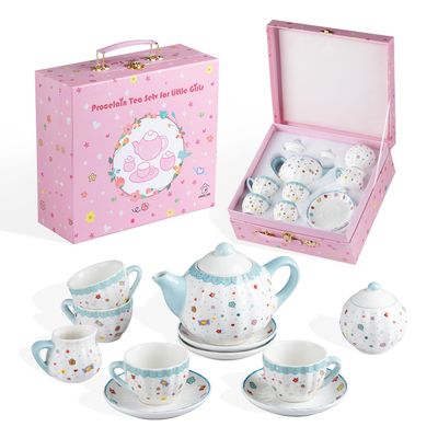 Sweejar Porcelain Tea Set for Little Girls,Kitchen Toys Tea Party Set for Kids Toddler Kitchen Pretend Toy Include Children Teapot, Cup & Saucer Set of 4, Sugar Bowl and Cream Pitcher(Sweet)
