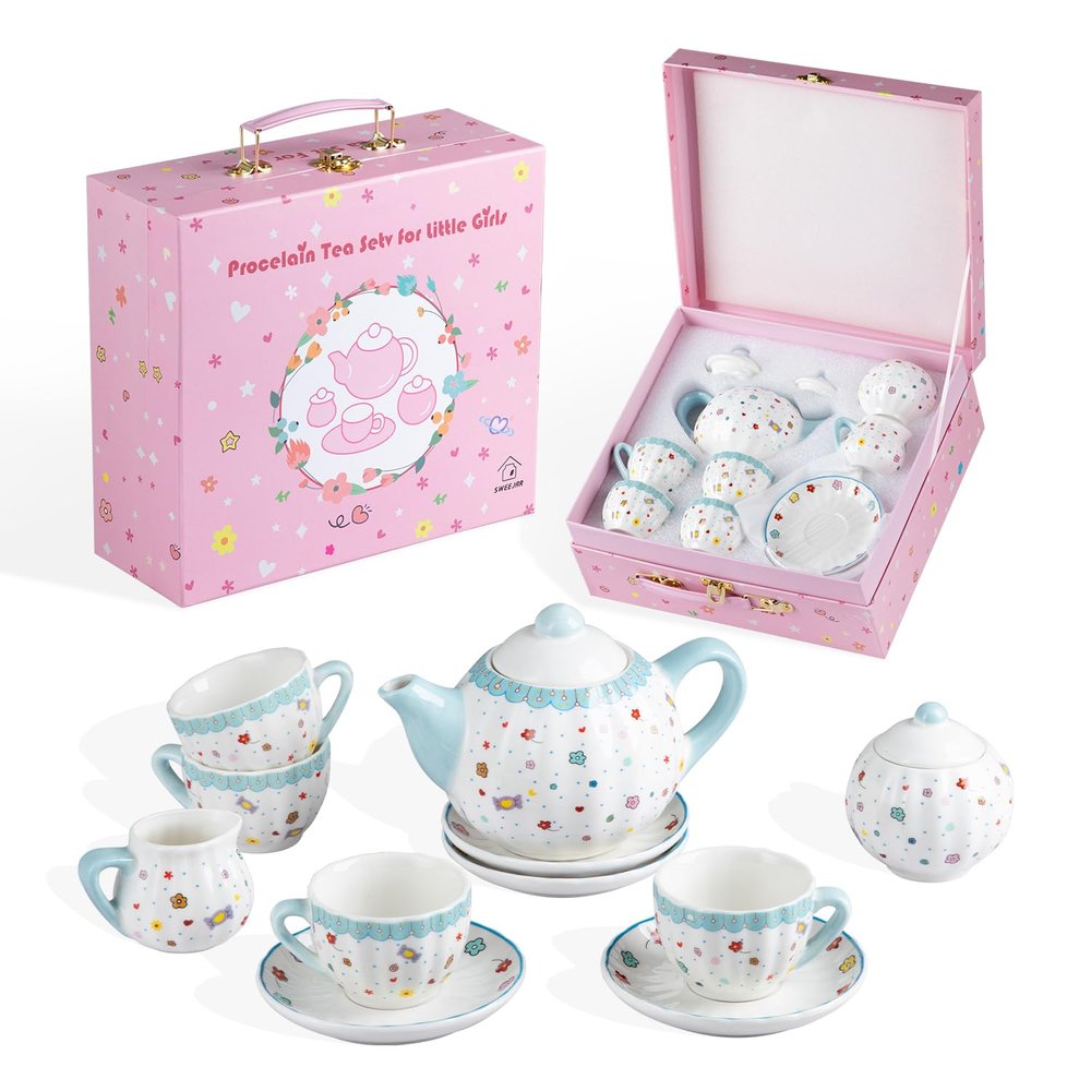 Sweejar Porcelain Tea Set for Little Girls,Kitchen Toys Tea Party Set for Kids Toddler Kitchen Pretend Toy Include Children Teapot, Cup & Saucer Set of 4, Sugar Bowl and Cream Pitcher(Sweet)
