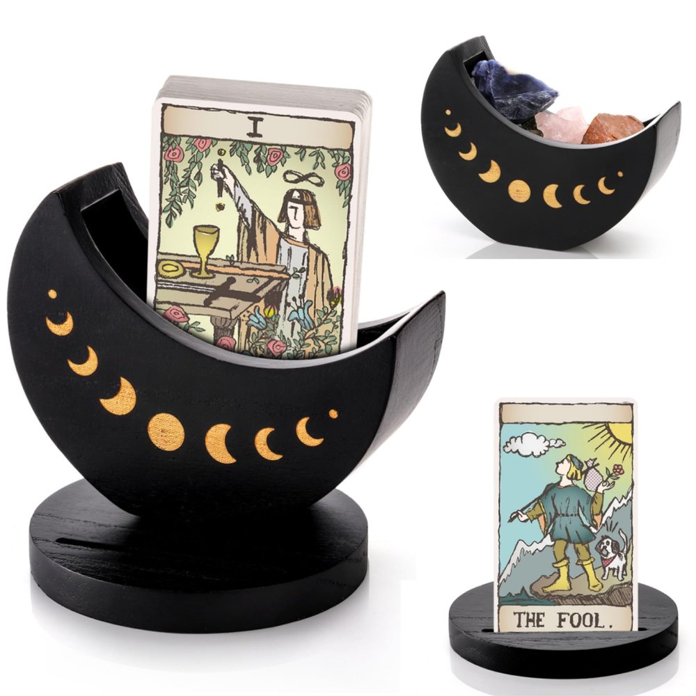 Eorbow Tarot Deck Holder with Moon Shape Case, Wood Tarot Card Display Box Stand, Moon Phase Daily Oracle Card Organizer, Witchcraft Decor Supplies for Crystal Stone Storage