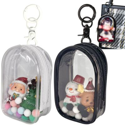 2pcs Clear Figure Display Bag with Keychain Pompom Ball Portable Mini Doll Pouch Carrying Case Blind Box Figures Display Case for Collectibles Zipper Closure (Cabin)