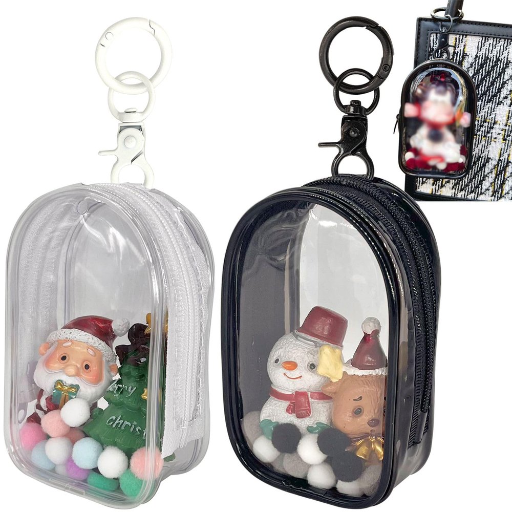 2pcs Clear Figure Display Bag with Keychain Pompom Ball Portable Mini Doll Pouch Carrying Case Blind Box Figures Display Case for Collectibles Zipper Closure (Cabin)