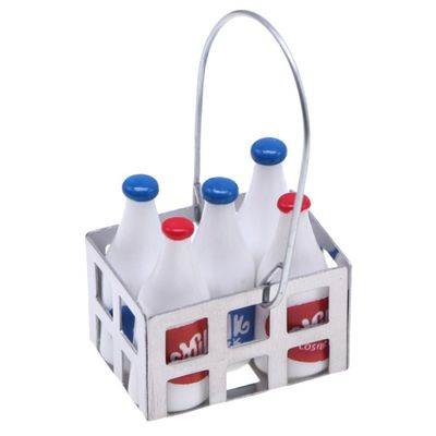 Amosfun Mini Milk Bottles Dollhouse Decoration Set 1:12 Scale Miniature Food Play Scene Layout Decoration - 5pcs Bottles and 1pcs Basket