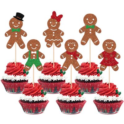 24 PCS Christmas Gingerbread Man Cupcake Toppers Glitter Gingerbread Man Boy or Girl Cupcake Picks for Merry Christmas Baby Shower Gender Reveal Birthday Party Cake Decorations Supplies