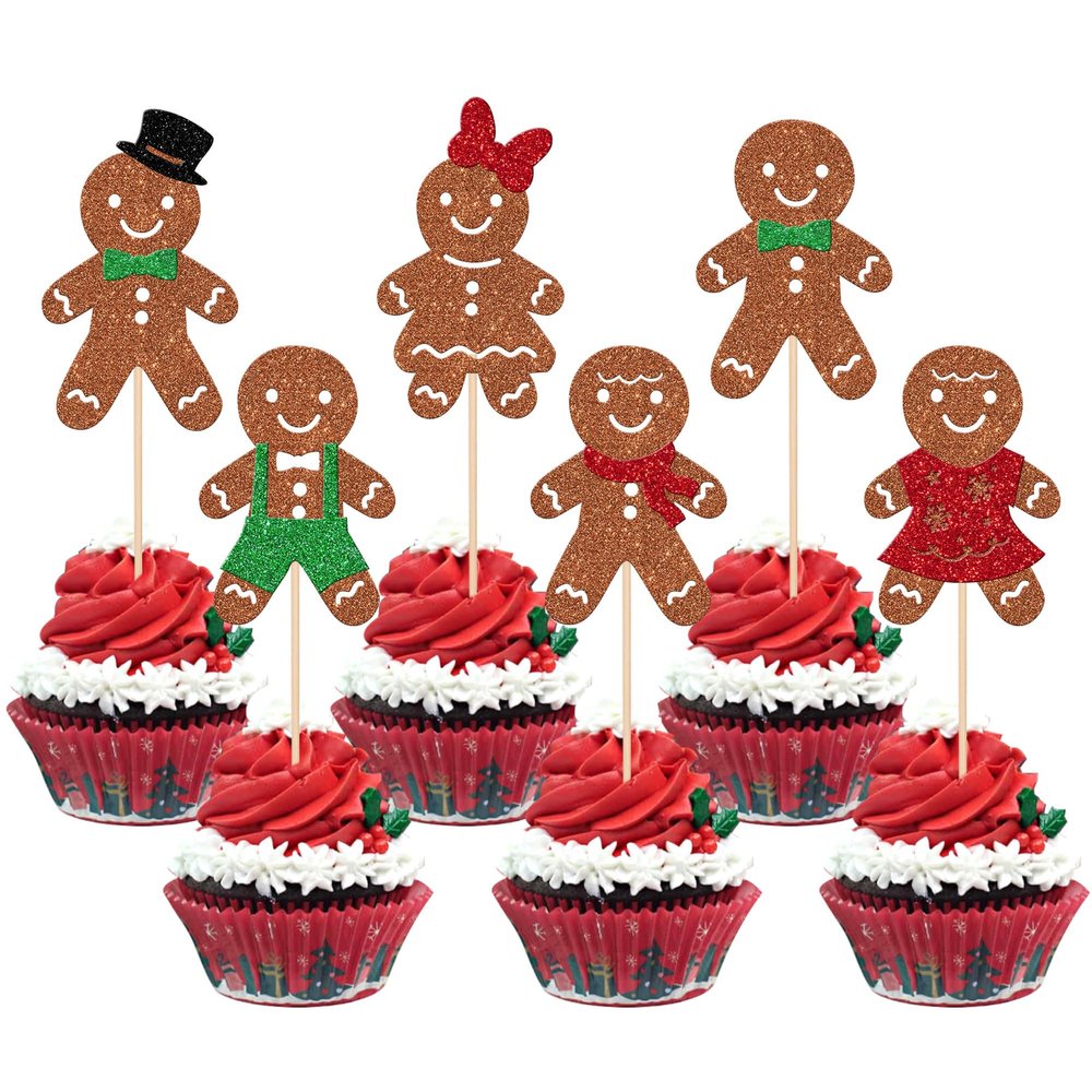 24 PCS Christmas Gingerbread Man Cupcake Toppers Glitter Gingerbread Man Boy or Girl Cupcake Picks for Merry Christmas Baby Shower Gender Reveal Birthday Party Cake Decorations Supplies