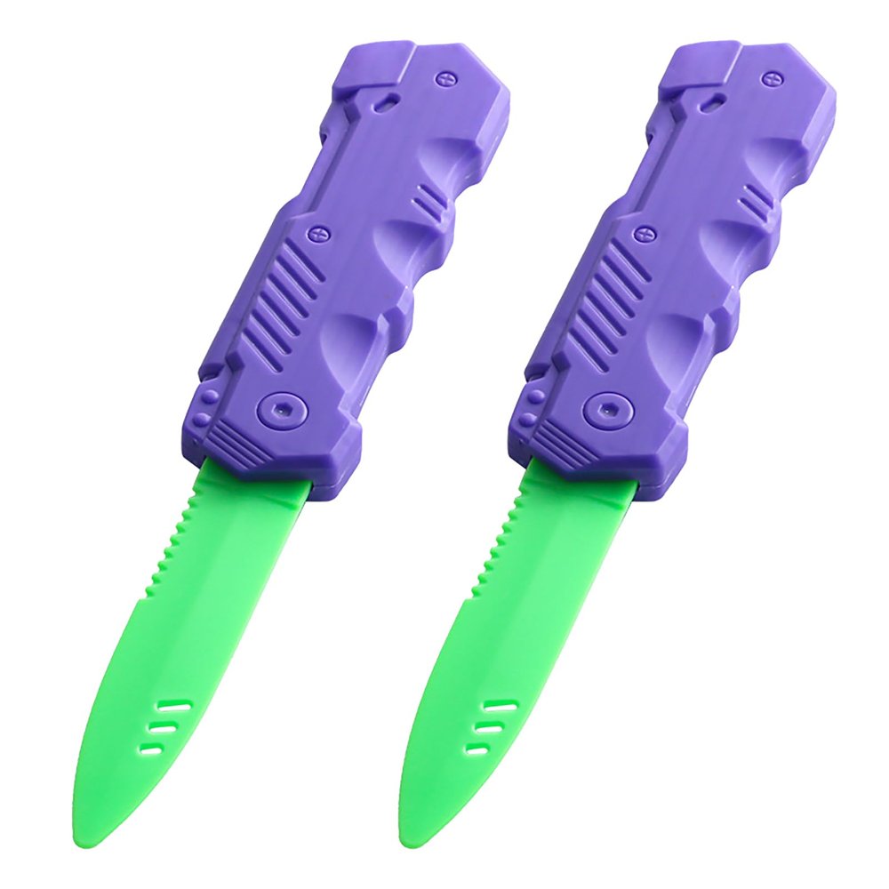 Lovisun Retractable Plastic Toy Knives - 2 Pack - Safe and Fun for Kids and Adults - Great for Halloween, Cosplay, Magic Tricks and More Purple Handle Green Blade