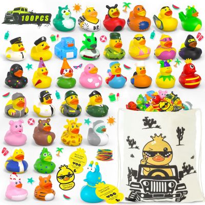 101 Pcs Jeeper Ducks with Tags for Ducking,100 Pack Rubber Ducks+100Cards Tags+1 Bag+100 Straps,Toddler Baby Party Favor