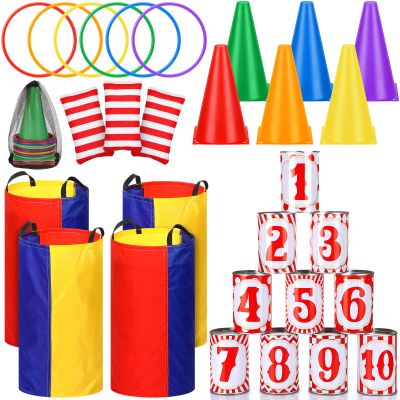 PullCrease 34 Pcs Carnival Play Set 5 in 1 Carnival Can Soft Plastic Cones Ring Toss Sport Bean Bag Toss Lawn Party Outdoor Supplies Birthday Party Backyard Events Summer