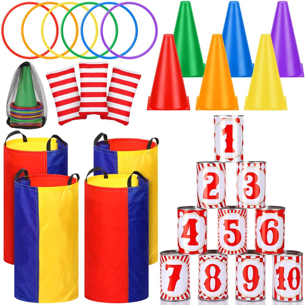 PullCrease 34 Pcs Carnival Play Set 5 in 1 Carnival Can Soft Plastic Cones Ring Toss Sport Bean Bag Toss Lawn Party Outdoor Supplies Birthday Party Backyard Events Summer