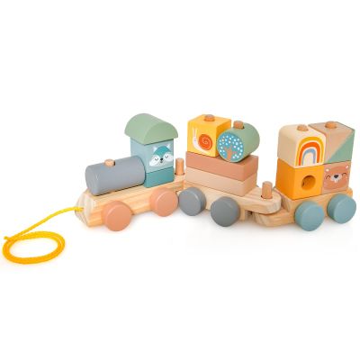 Costzon Wooden Train Set, 3-Section Towable Toys With Stackable Building Block, Cute Animal Patterns & Hook Connection Design for Baby Toddler Early Learning Education