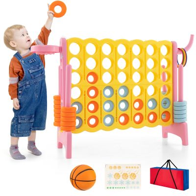 HONEY JOY Jumbo 4-to-Score Giant Game Set, 3-in-1 Indoor Outdoor Family Yard Game Set w/Basketball Hoop & Ring Toss, Stickers, 42 Jumbo Rings, Quick-Release Slider, Giant 4-in-A-Row for Kids & Adults