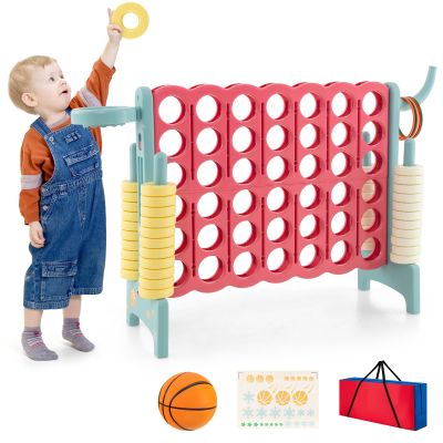 HONEY JOY Jumbo 4-to-Score Giant Game Set, 3-in-1 Indoor Outdoor Family Yard Game Set w/Basketball Hoop & Ring Toss, Stickers, 42 Jumbo Rings, Quick-Release Slider, Giant 4-in-A-Row for Kids & Adults