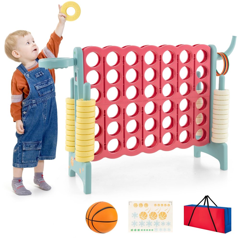 HONEY JOY Jumbo 4-to-Score Giant Game Set, 3-in-1 Indoor Outdoor Family Yard Game Set w/Basketball Hoop & Ring Toss, Stickers, 42 Jumbo Rings, Quick-Release Slider, Giant 4-in-A-Row for Kids & Adults