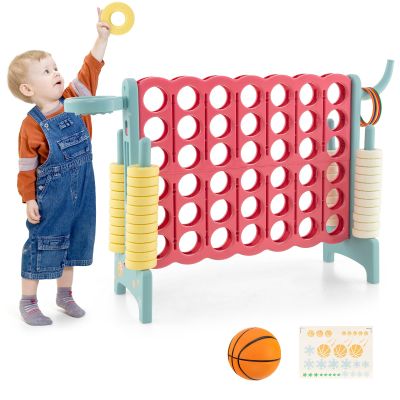 HONEY JOY Jumbo 4-to-Score Giant Game Set, 3-in-1 Indoor Outdoor Family Yard Game Set w/Basketball Hoop & Ring Toss, Stickers, 42 Jumbo Rings, Quick-Release Slider, Giant 4-in-A-Row for Kids & Adults