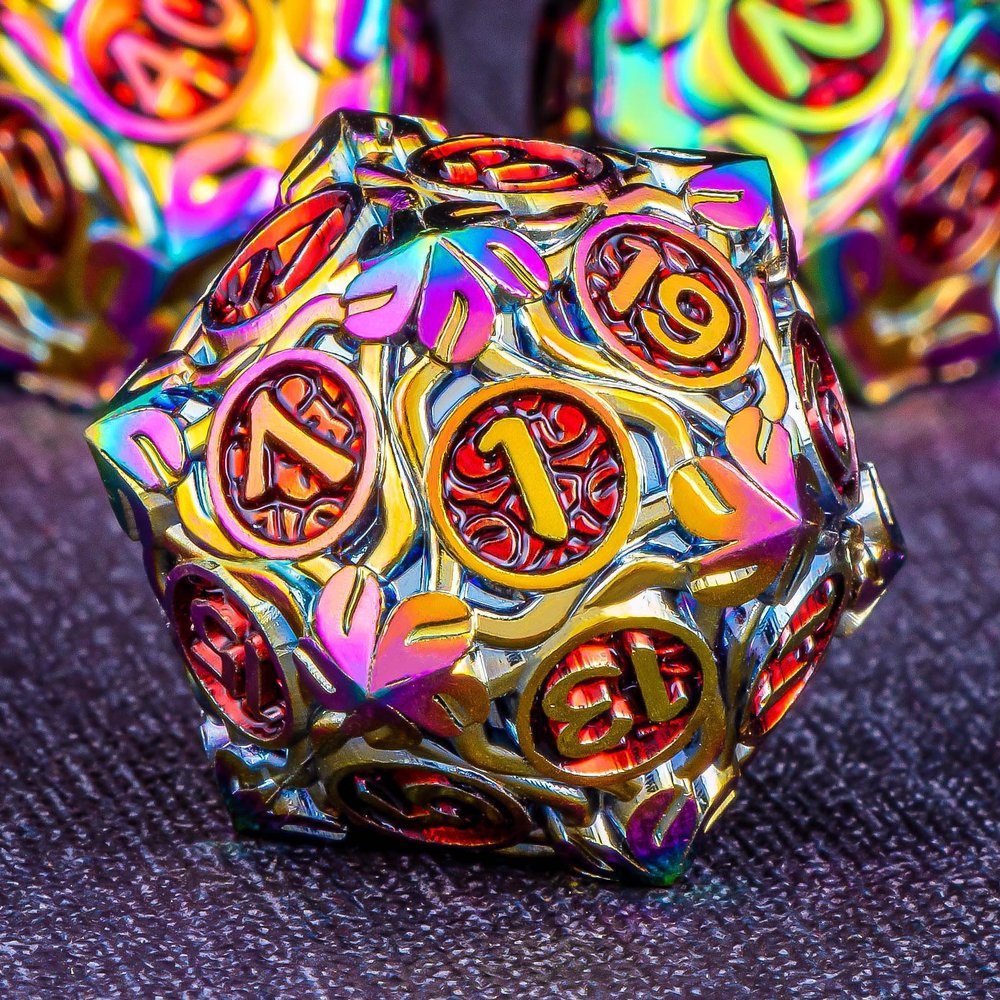 KERWELLSI Metal DND Dice Set D&D, 7Pcs Nature Vines Leaf Role Playing Dice with Gift Box, Rainbow Red Dungeons Dragons D and D Game Dice D20 D12 D10 D8 D6 D4