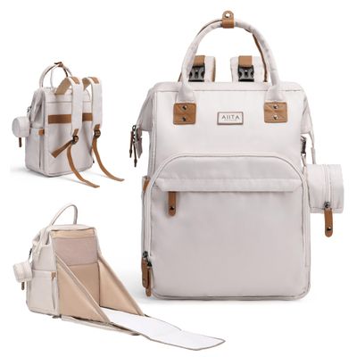 AIITA Diaper Bag Backpack, Multifunction Diaper Bag with Changing Station, Stylish Baby Bags, Large Unisex Diaper Backpack for Mom and Dad, Baby Registry Search, Portable Changing Pad White Beige