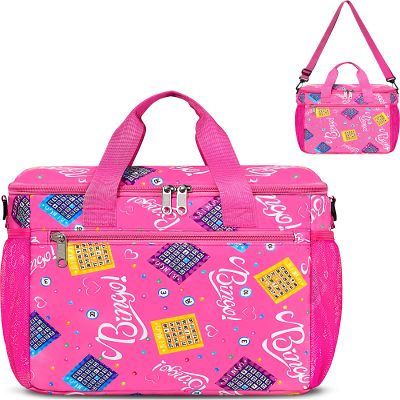 FOKDUVB Bingo Bag for Daubers Dabbers Dotters Tote Bag with Pockets for Bingo Stuff Supplies (Pink)