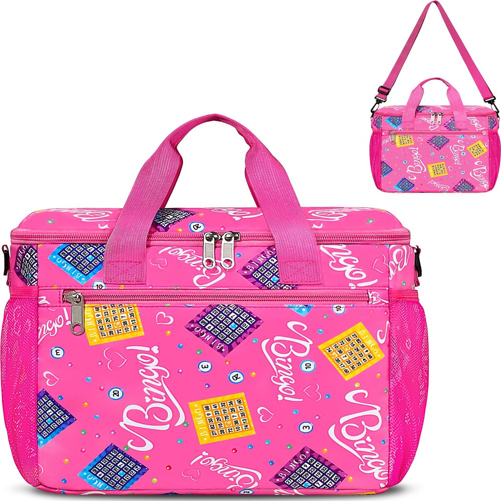FOKDUVB Bingo Bag for Daubers Dabbers Dotters Tote Bag with Pockets for Bingo Stuff Supplies (Pink)
