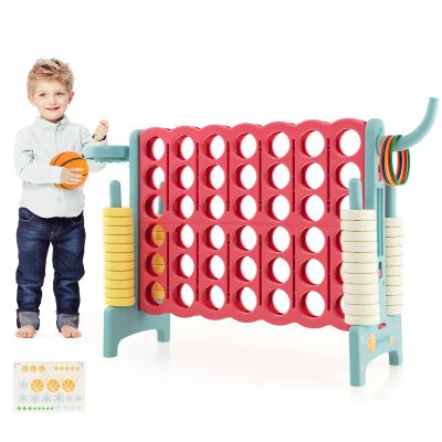 COSTWAY Jumbo 4-to-Score Giant Game Set for Kids & Adults, 2.5Ft Indoor Outdoor Game with Basketball Hoop, Ring Game, 42 Jumbo Rings, Quick-Release Slider, Perfect for Birth & Holiday Party (Aqua Red)
