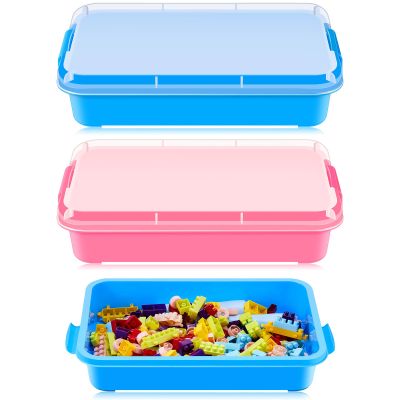 Beeveer 2 Pcs Sensory Bins Sand Tray with Lid, 15in Stackable Leak-Proof Plastic Sensory Tray for Sand & Water Play, Portable Bin for Kids 3 4 5 6, Easy Clean, Indoor Outdoor(Pink, Blue)