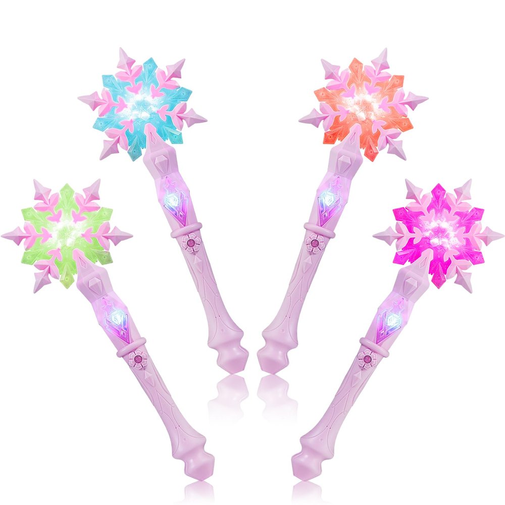 EnrichFun Light Up Frozen Snowflake Wand with Sound, Motion Sensitive Magic Princess Toys for Kids Girls Party Favors 4 Pieces, (Pink)