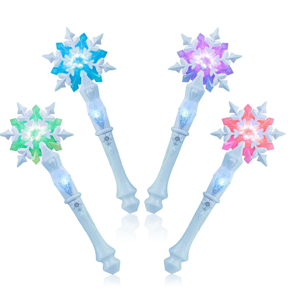 EnrichFun Light Up Frozen Snowflake Wand with Sound, Motion Sensitive Magic Princess Toys for Kids Girls Party Favors 4 Pieces, (Blue)