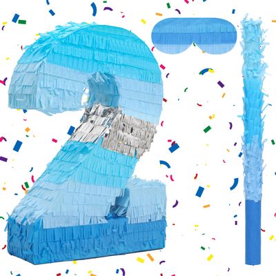 Birchio Number 2 Pinata Bundle with a Blindfold and Bat(16.2 x 11.2 x 4 Inches), Perfect for Boys and Girls Birthday Party Supplies, Blue Theme Birthday Decoration