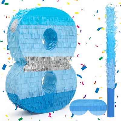 Birchio Number 8 Pinata Bundle with a Blindfold and Bat(16.2 x 11.6 x 4 Inches), Perfect for Boys and Girls Birthday Party Supplies, Blue Theme Birthday Decoration