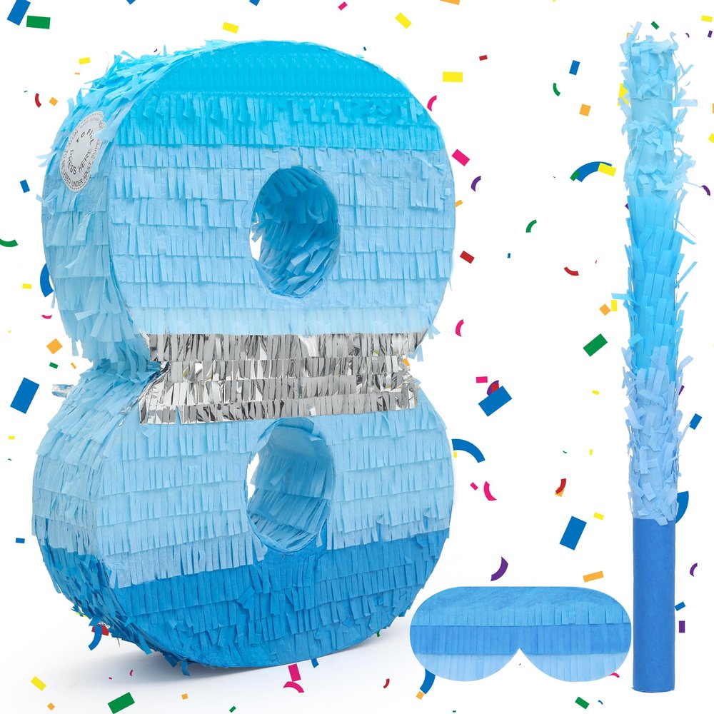 Birchio Number 8 Pinata Bundle with a Blindfold and Bat(16.2 x 11.6 x 4 Inches), Perfect for Boys and Girls Birthday Party Supplies, Blue Theme Birthday Decoration