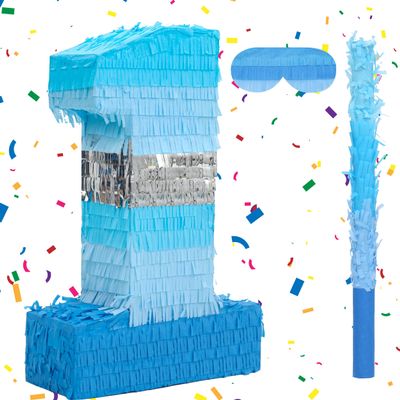 Birchio Number 1 Pinata Bundle with a Blindfold and Bat(16.2 x 10.7 x 4 Inches), Perfect for Boys and Girls Birthday Party Supplies, Blue Theme Birthday Decoration