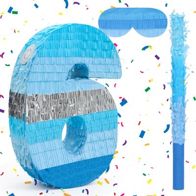 Birchio Number 6 Pinata Bundle with a Blindfold and Bat(16.2 x 10.9 x 4 Inches), Perfect for Boys and Girls Birthday Party Supplies, Blue Theme Birthday Decoration