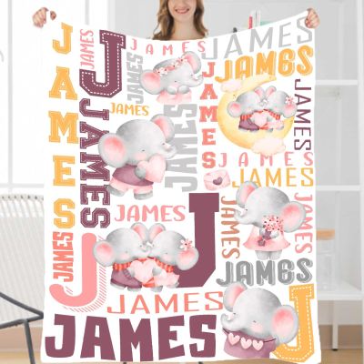 Atthadassi Personalized Elephant Baby Blanket, Custom Name Blanket, Soft Flannel, 40"x50" - Kid Size