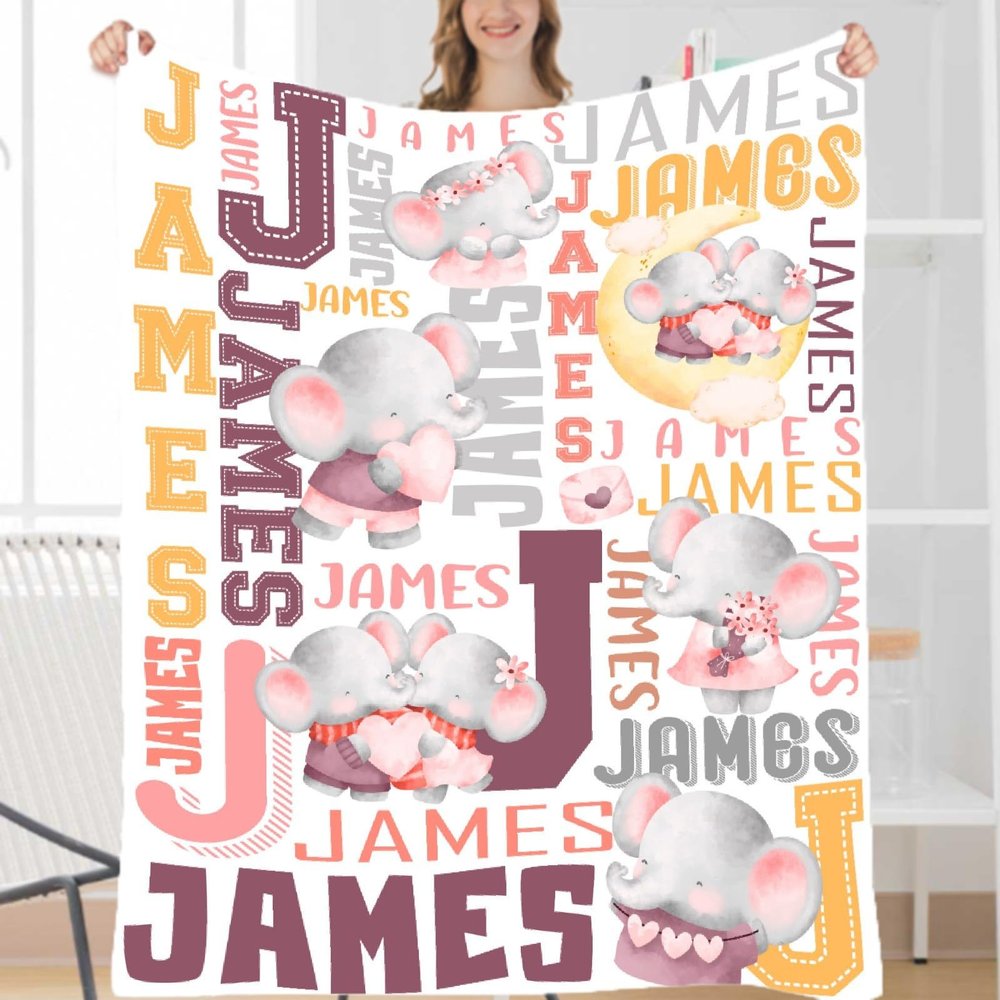 Atthadassi Personalized Elephant Baby Blanket, Custom Name Blanket, Soft Flannel, 40"x50" - Kid Size
