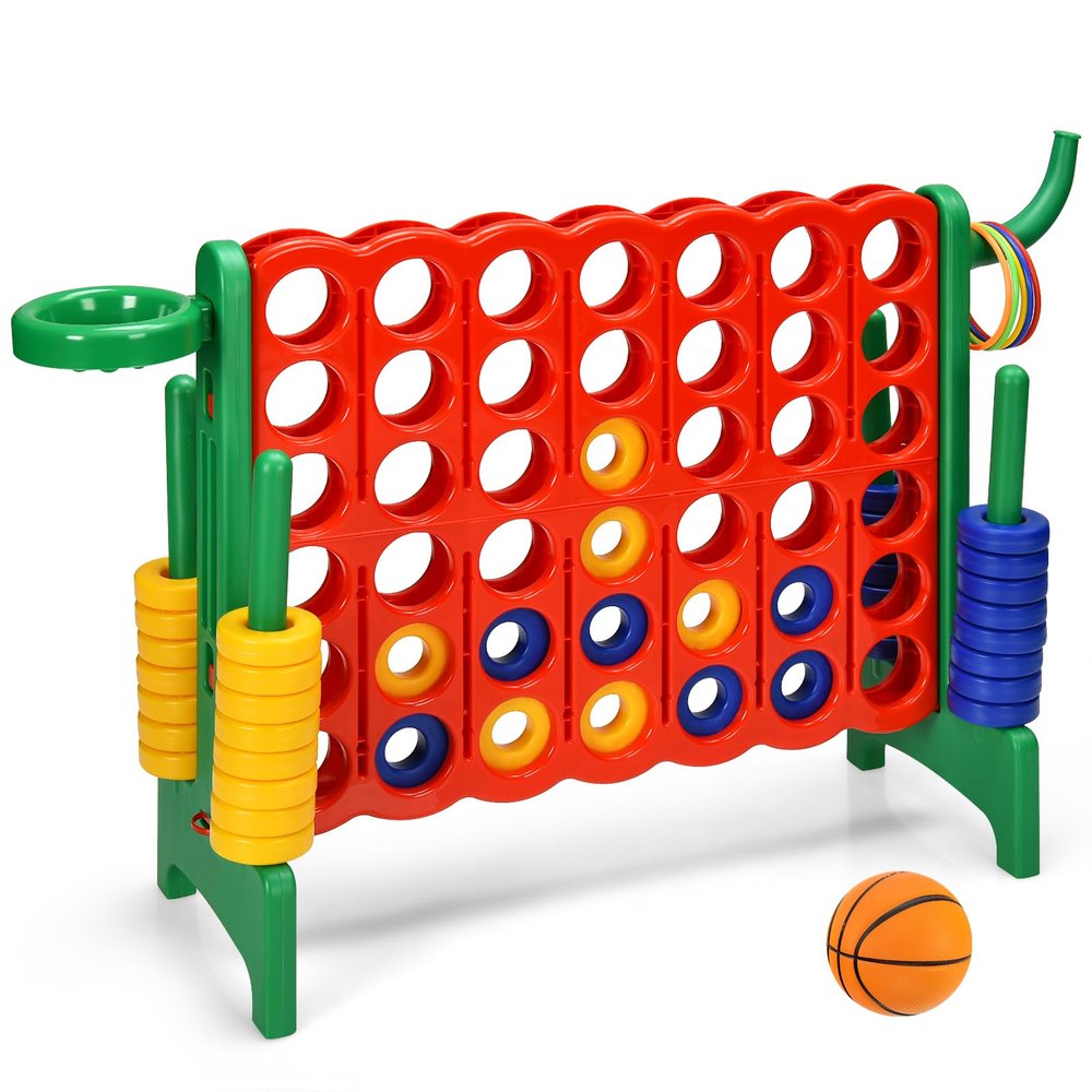 DORTALA Jumbo 4-to-Score Giant Game Set, Plastic Giant 4-in-A-Row w/Basketball Hoop, 42 Jumbo Rings, Release Slider, Ring Toss, 2.5Ft Indoor Outdoor Game Set for Kids & Adults (Red)