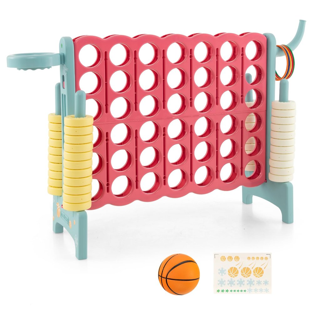DORTALA Giant 4-in-A-Row, Plastic Jumbo Game Set w/42 Jumbo Rings, Quick-Release Slider, Ring Toss, 2.5Ft Indoor Outdoor 4 to Score Yard Game w/Basketball Hoop for Kids & Adults (Aqua Red)