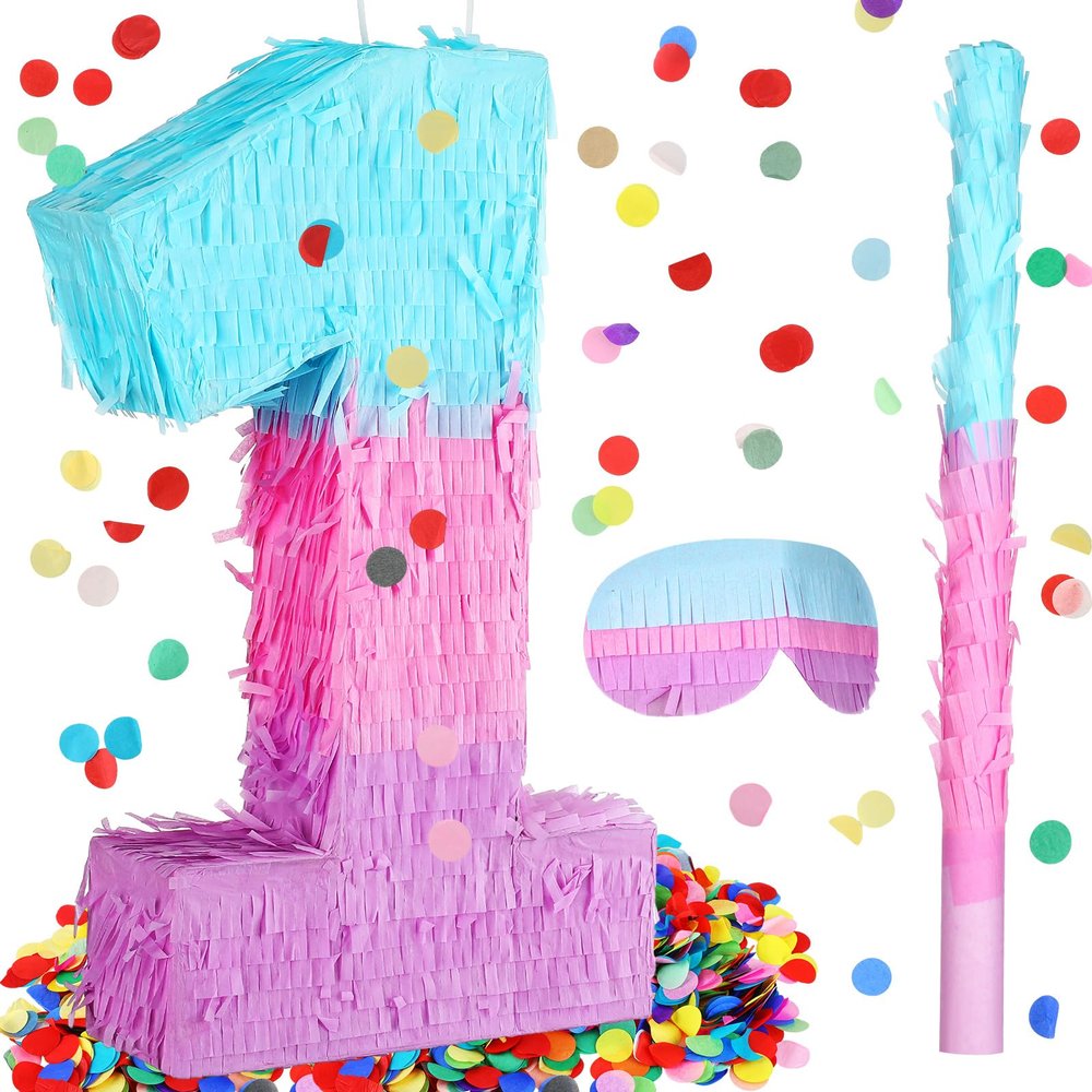 Arrowbash Number 1 Piata 1st Birthday Party Decorations 16 Inch Mermaid Pink Purple Blue Piata with Blindfold Stick and Confetti Large for Wedding Anniversary Celebration Baby Shower