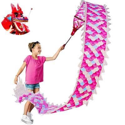 9.8 FT Pink Magic Cloud Dragon Ribbon Poi, 3 Meters Outdoor Dragon Dance Washable Pink Dragon Scale Pattern Ribbon Streamer with 200g 3D Plastic Dragon Head, Swing Rope and Oxford Travel bag Set