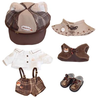 niannyyhouse 10cm 15cm 20cm Doll Clothes Brown Hat Shirt Strap Pants Shawl Vest Leather Shoes Vintage Detective Suit Soft Plush Toy Dress Up (15cm)
