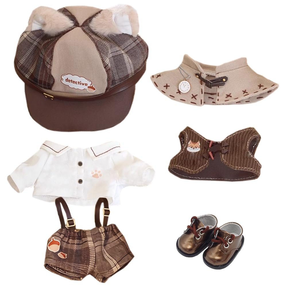 niannyyhouse 10cm 15cm 20cm Doll Clothes Brown Hat Shirt Strap Pants Shawl Vest Leather Shoes Vintage Detective Suit Soft Plush Toy Dress Up (15cm)